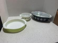 Pyrex cinderella mixing bowl snowflake dish and green dish