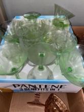 Green depression champagne glasses, vintage Anchor Hocking glass and more