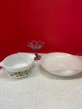 Murano glass bowl, Pyrex spring blossom bowl, Fenton compote pink ruffle
