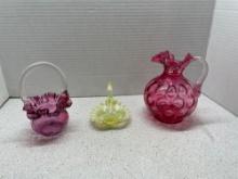 Lovely Fenton Glass baskets and a ruffled cranberry optic vase