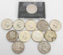 12 - Half Dollar Coins- Kennedy, Ben Franklin