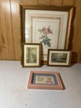 3 Small Decorative Wall Hanging/ 1 Rose Print In Wooden Frame