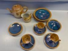 Vintage 50s Japanese Lustre Ware Peach Teapot and Creamer, Vintage 50s Lustre Peach/ Blue Saucers