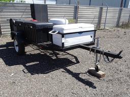 14' BUMPER PULL TRAILER W/SMOKER, GRILL, 4 POT BURNERS, COLEMAN COOLER & TUFF BOXES W/POTS & PANS