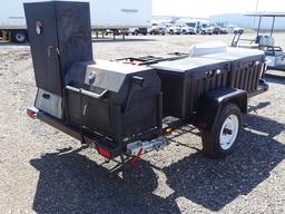 14' BUMPER PULL TRAILER W/SMOKER, GRILL, 4 POT BURNERS, COLEMAN COOLER & TUFF BOXES W/POTS & PANS