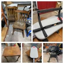 2 Wood Chairs, Side Table, Exercise Items & Char-Broil Grill