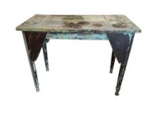 Vintage Wood Work Table with Blue Distressed Paint