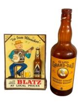 Vintage Blatz Molded Plastic Back Bar Advertising plus Old Grandad Liquor Bottle