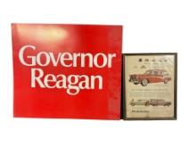 Vintage Governor Reagan Sign Along with a Framed Car Advertisement
