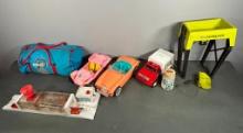 Mixed Lot of Vintage 1970s and 1980s Toys - Alf bag, Barbie Cars, Car Wash, and more.