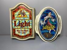 Vintage Blatz Beer on Tap Dancing Girl on Barrel Sign & Blatz Beer Stained Glass Look Beer Sign