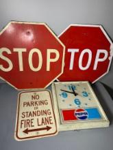 Two Vintage Stop Signs, No Parking Sign, and Pepsi Clock