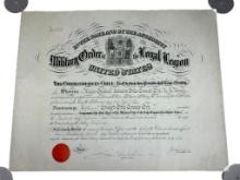 Civil War MOLLUS Membership Certificate Edward O. C. Ord Jr. signed by General John Schofield