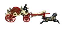 Vintage Cast Iron Fire Fighting Horse Drawn Hose Reel Carriage With Horses and Driver