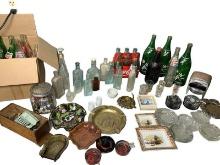 Group of Collectibles - Glass Soda Bottles, Ashtrays, Vintage Buttons & More