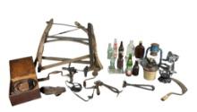 Group of Vintage Farm Tools and Vintage Bottles and More
