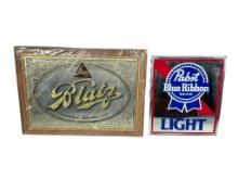 Two Vintage Bar Mirrors; Blatz and Pabst Blue Ribbon Light