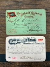 Two Rare Antique Railroad Passes; 1899 Wabash Railroad Company and 1897 Dayton and Union Railroad
