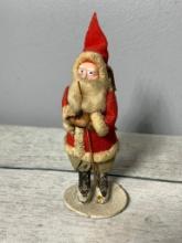 Antique Paper Mache Santa Claus Holding Walking Stick and Carrying a Toy Sack
