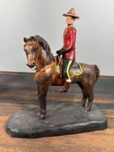 Molded Plaster Canadian Mountie on Horse Hand Painted