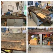 Antique Work Bench with Vice, Hardware & Hand Tools on Pegboard