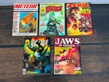 A Group of Five Comic Books Magazines Including Doc Savage, Meteor, Eerie, Jaws of Horror