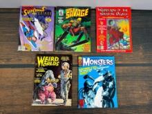 A Group of Five Comic Book Magazines Including Batman, Superman, Doc Savage, Weird Comics and More