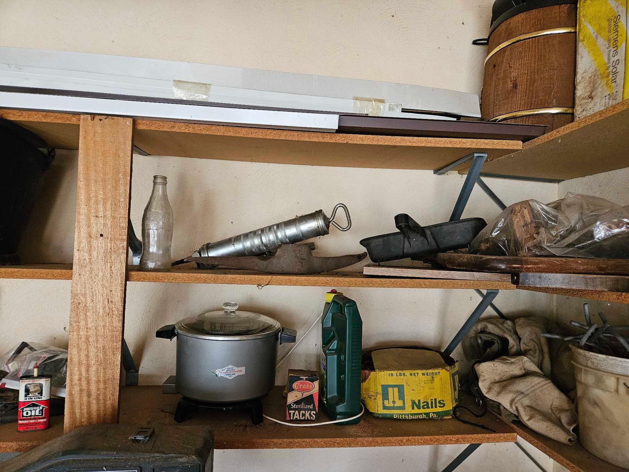 Corner Shelving Contents - Kitchen Items, Stoneware Set, Hardware, Tools, & more