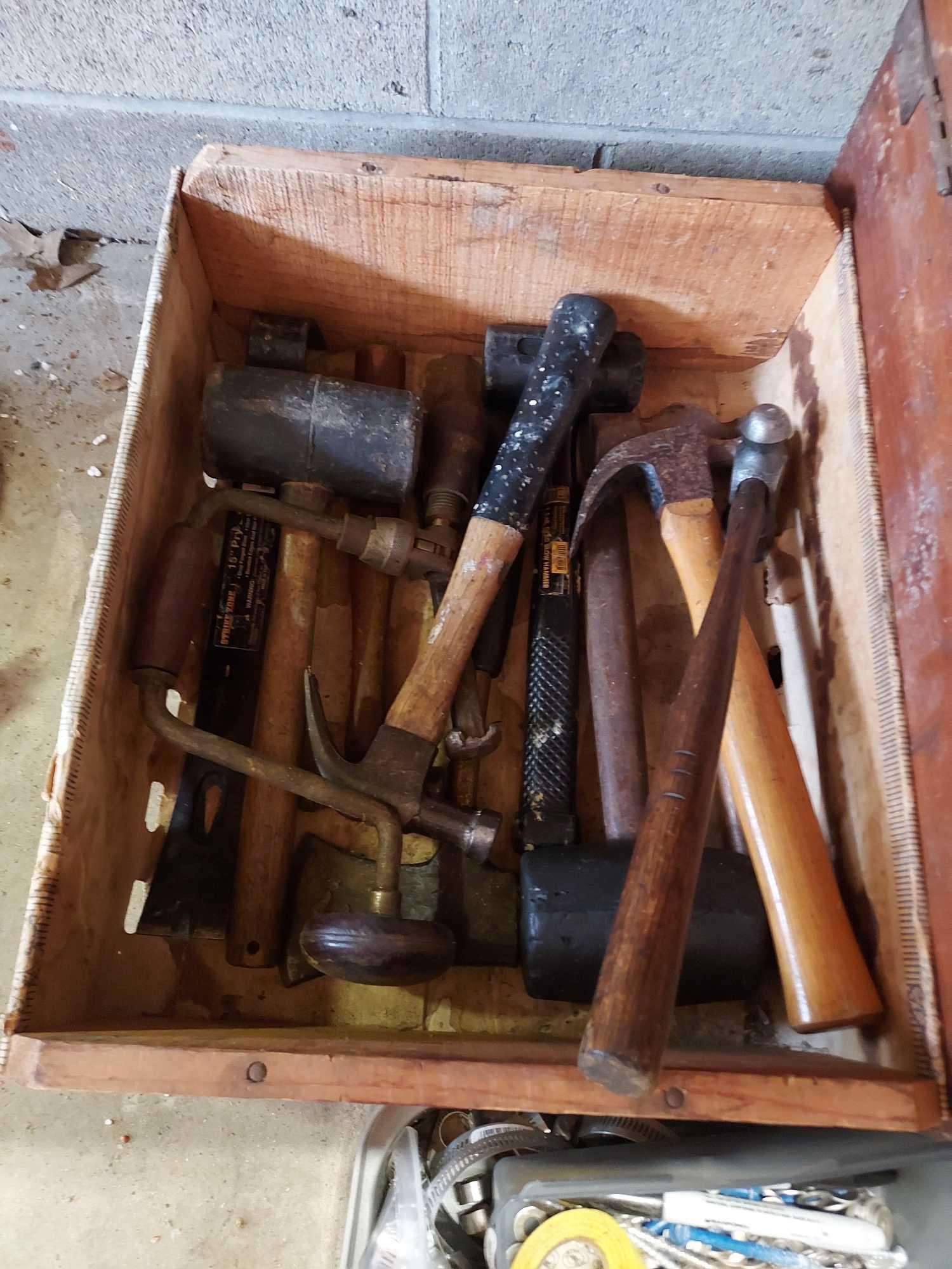 Assortment of Hammers, Hardware, & Vintage Toolbox w/ Contents