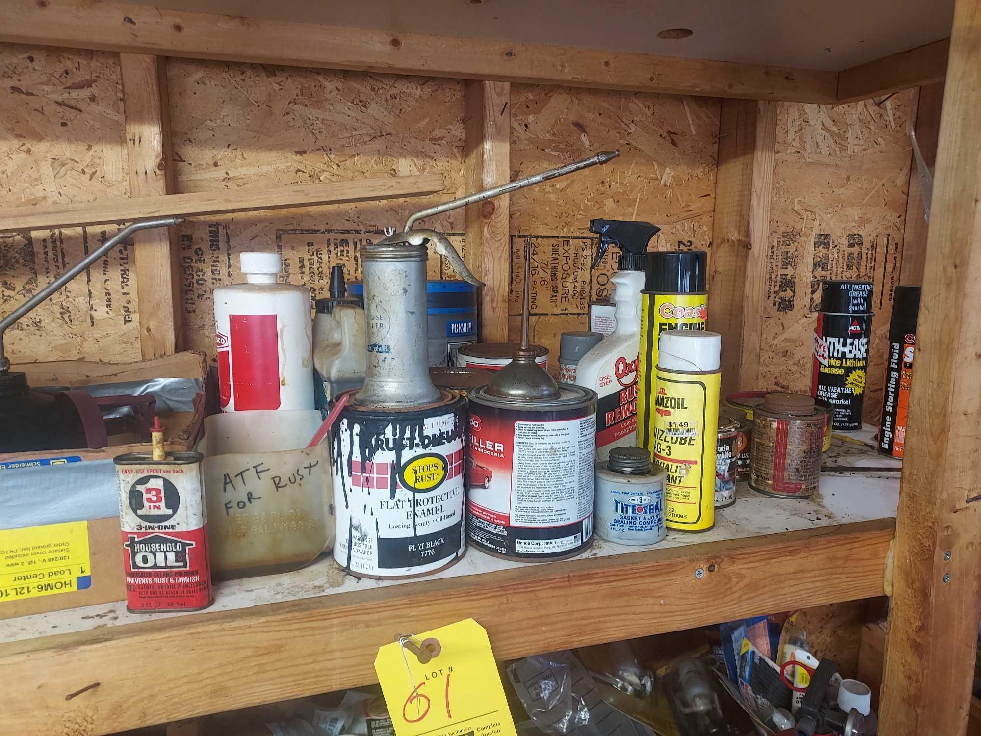 Wooden Shelving Section Contents - Oils, Sprays, Building Copper Wire, Tool Accessories, & more