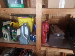 Wooden Shelving Section Contents - Oils, Toolboxes, Cases, Outdoor Lights, Car Items, & more