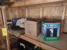 Wooden Shelving Section Contents - Oils, Toolboxes, Cases, Outdoor Lights, Car Items, & more
