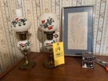 Pair of Floral Lamps and Framed Print