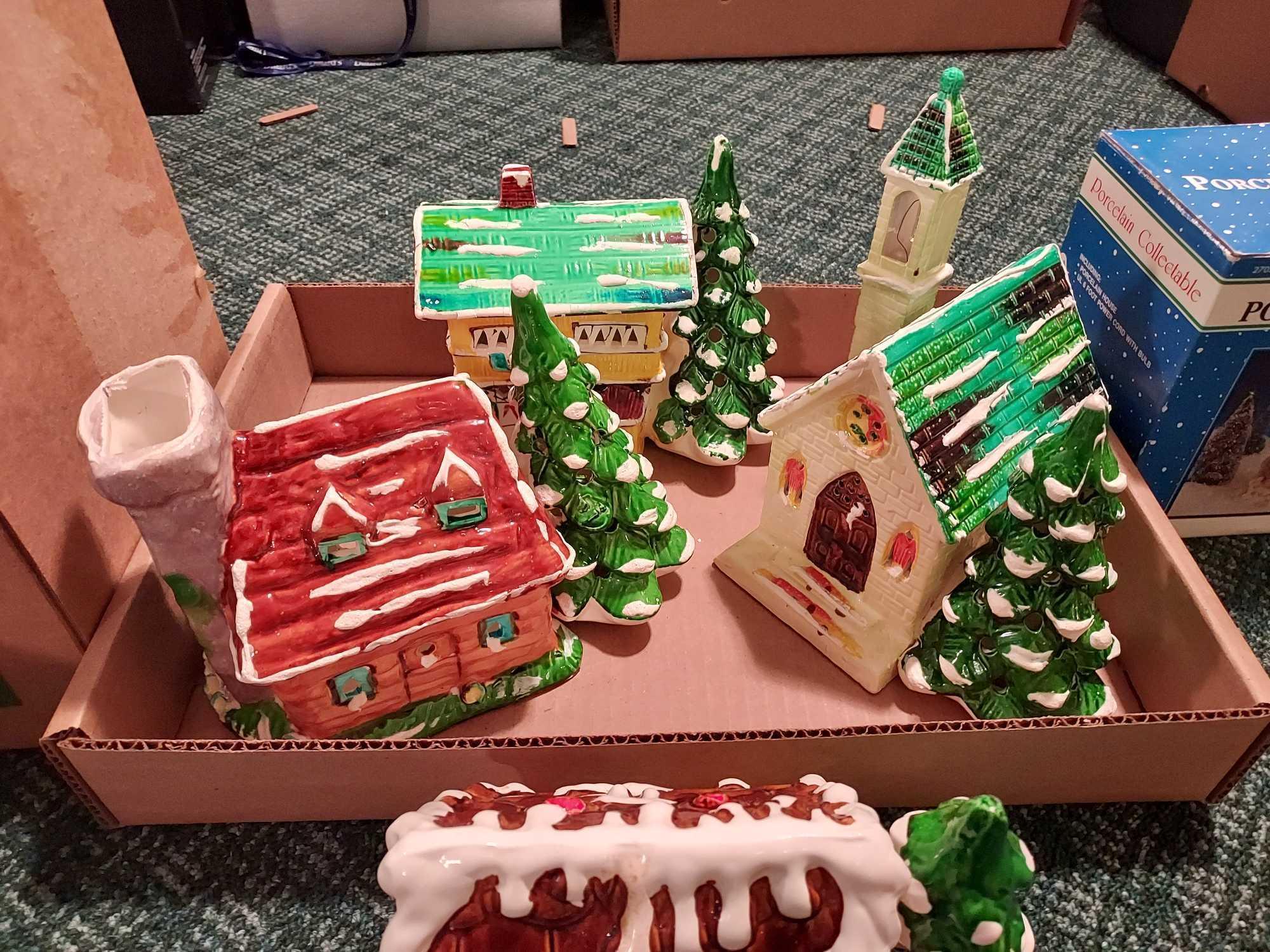 2 Boxes of Assorted Holiday Small Decor & Christmas Village Pieces