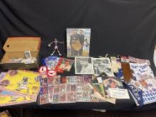 Sports memorabilia, collectors cards, baseball/football/GiJoe, tables placemats, reprint photos,
