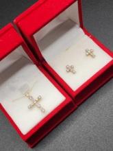 10k yellow gold jeweled cross pendant necklace & pierced earrings