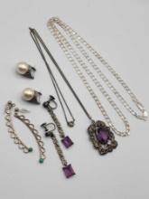 Sterling silver jewelry lot: chain, earrings +