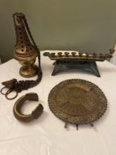 Brass pieces, Incense Burner, Candleabra, 100 yr calendar, Ankle bracelet