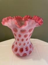 Cranberry coin dot ruffle vase, Fenton, 8 in. tall