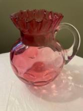 Coin dot, ruffled top, pink, glass pitcher