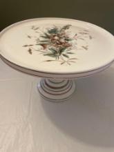 Cake plate stand, milk glass, floral pattern