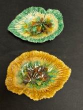 Majolica pottery leaf dishes (2)