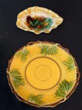 Majolica pottery cake stand, leaf plate