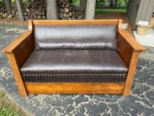 Antique Oak Bench With Leather Seat