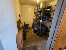 (Item off site - 1/4 mile from Auction Barn) Room Contents - Tarps, Metal Shelving, Vacuum, Turkey