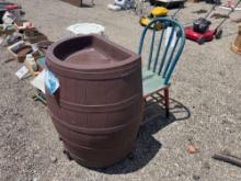 Barrel Planter and wooden chair