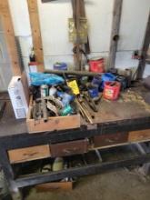 Contents of shop workbench, hardware, grease gun, squares and more