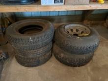 5 miscellaneous tires with 4 rims
