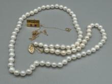10k Gold Ames Pin, 10k Gold fine chain, Pearl Necklace with 14k Gold Clasp