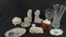 Decorative Lot: Marble bookends, Lion paperweight, glass vases & more